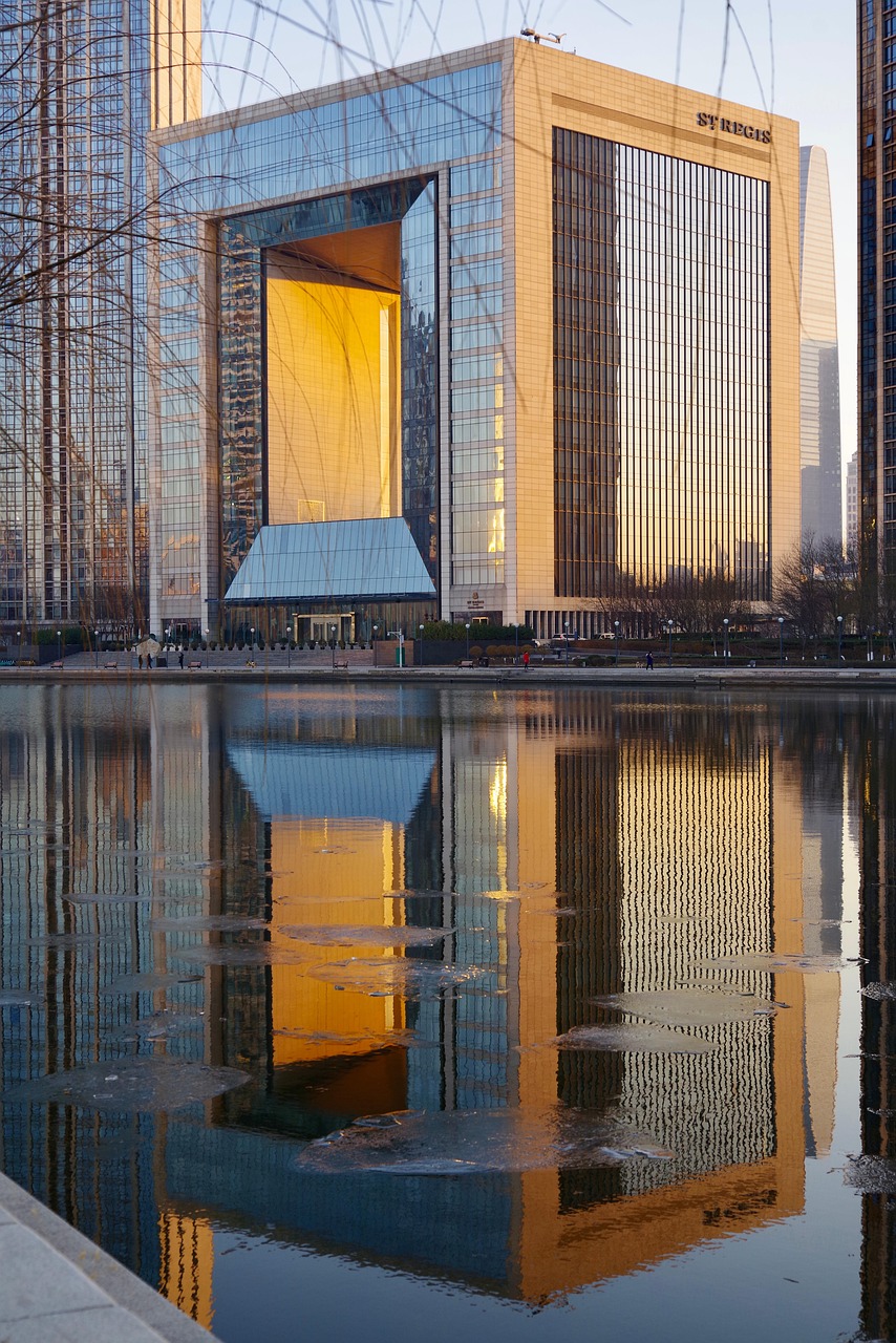 hotel, nature, building, architecture, water, reflection, facade, skyscraper, city, urban, tianjin, china